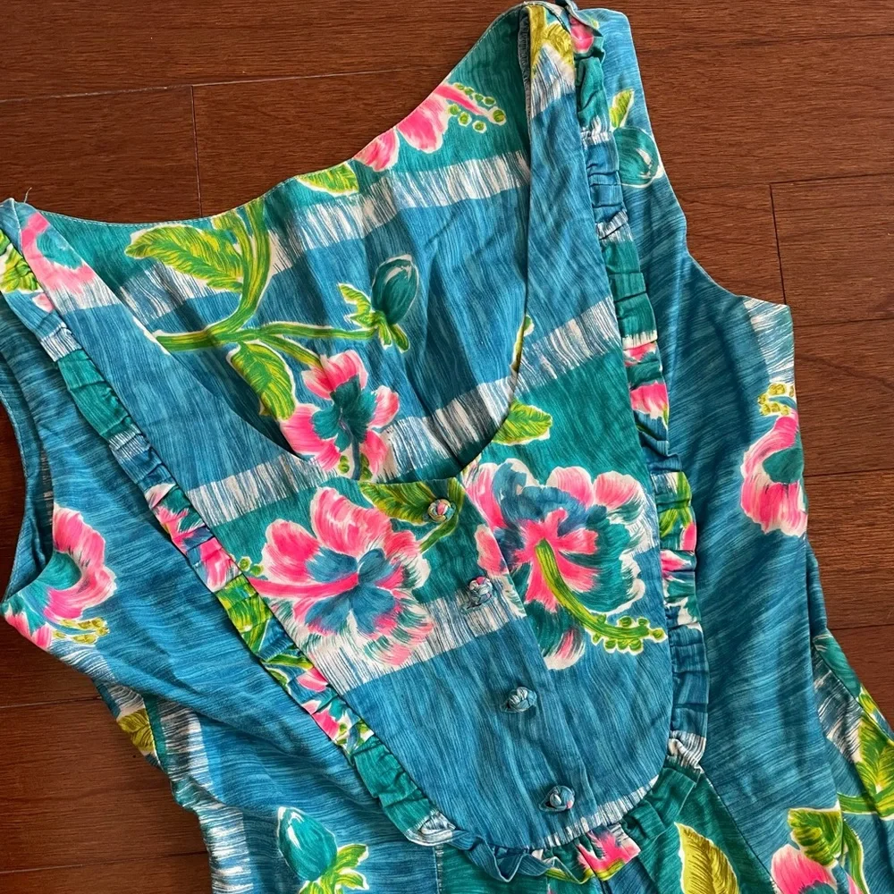 Vintage 60’s 70’s Blue Hawaiian maxi dress size Small hibiscus print tropical - Picture 9 of 10